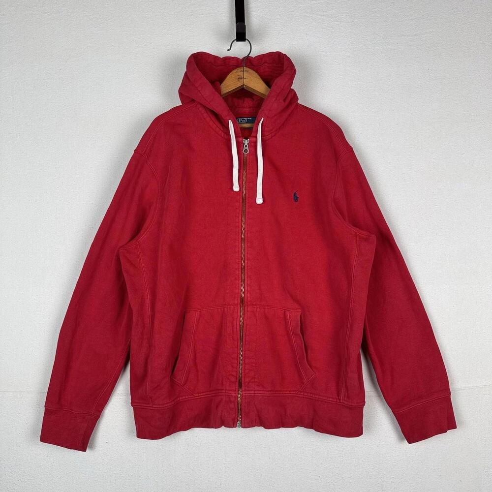 Vintage‎ Polo Ralph Lauren Thermal Hood Hoodie Mens 2XL Full Zip Red Sweatshirt